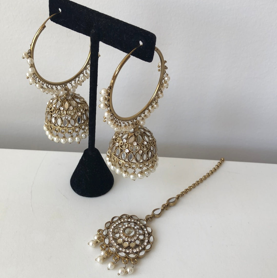 Mirrored Gold Pear Jumke Earring Tikka Set