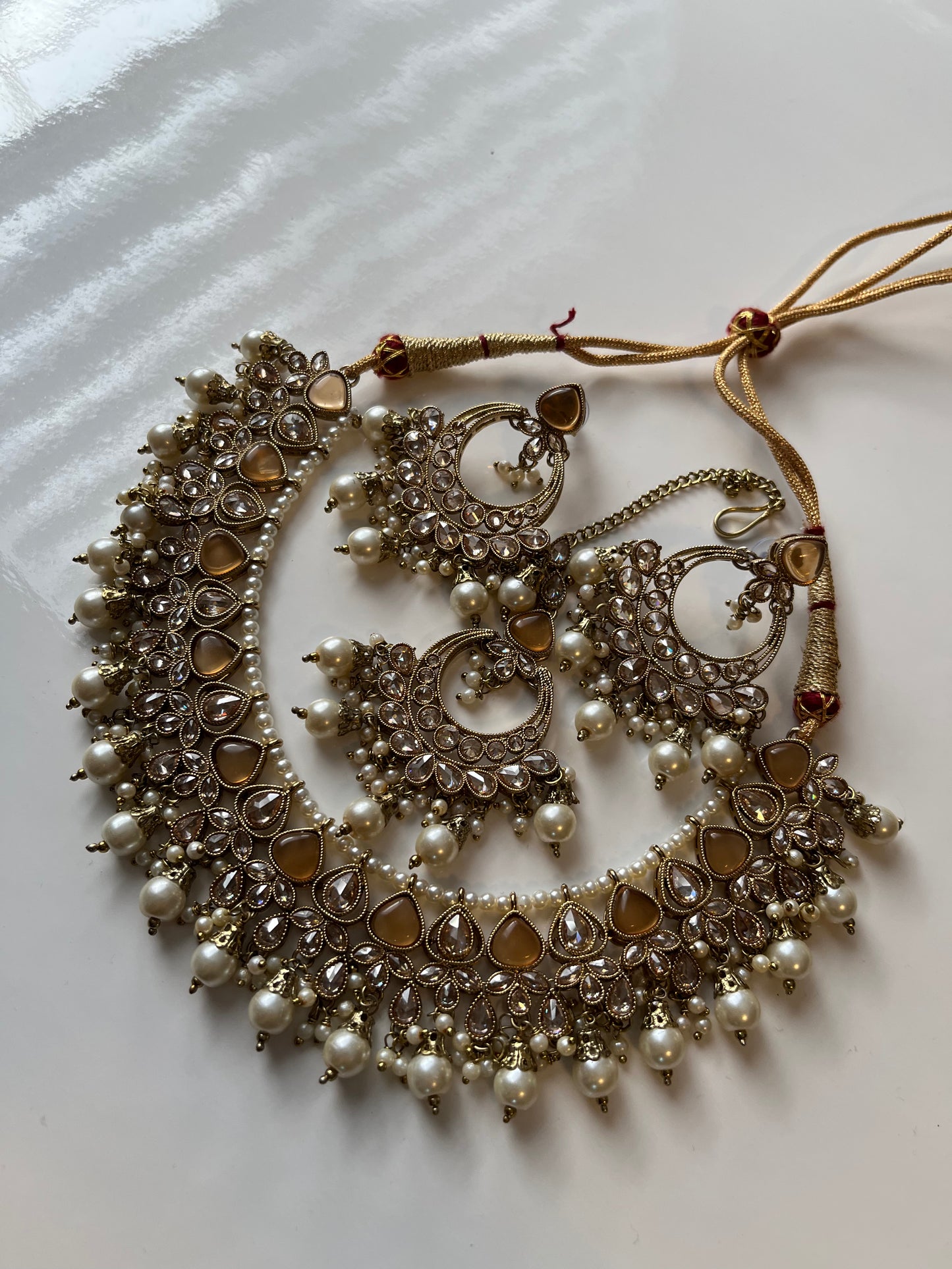 Gold Amber Polki Necklace Earring Tikka Set