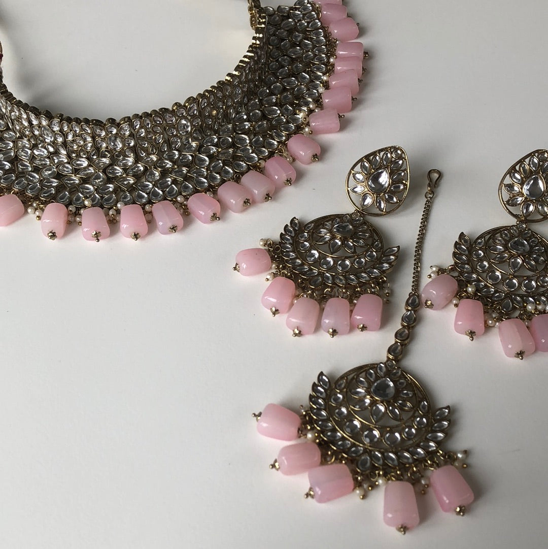 Baby Pink Necklace Earring Tikka Set