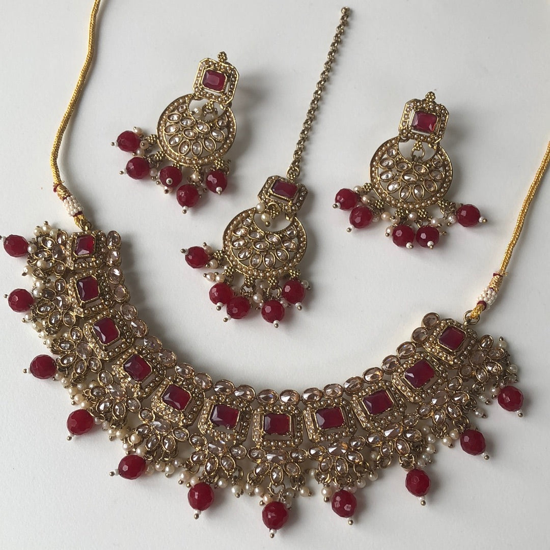 Red Necklace Earring Tikka Set