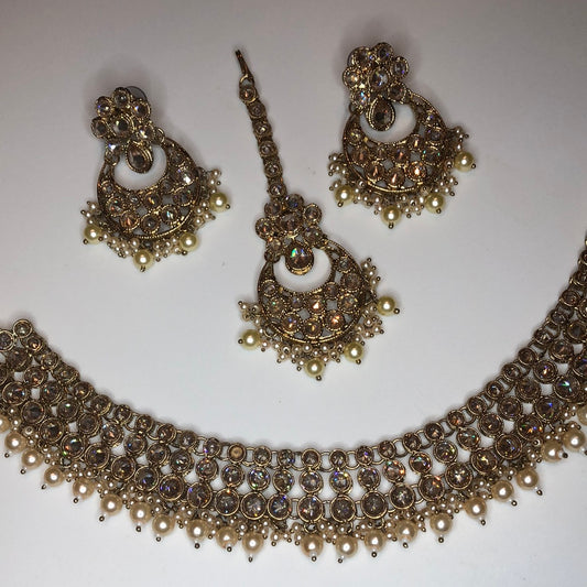 Polki Gold Crystal Necklace Earrings Tikka Set