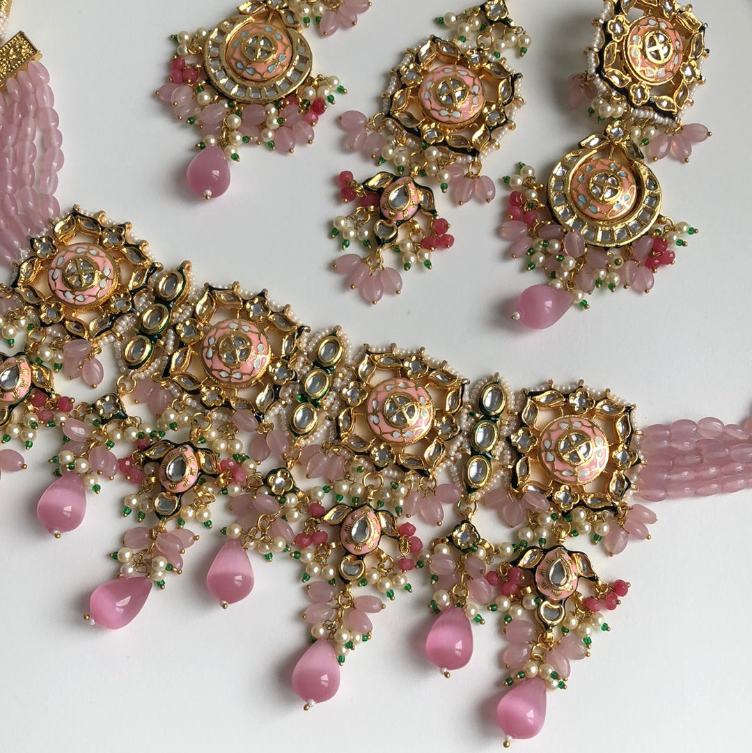 Pearly Pink & Green Necklace Earring Tikka Set