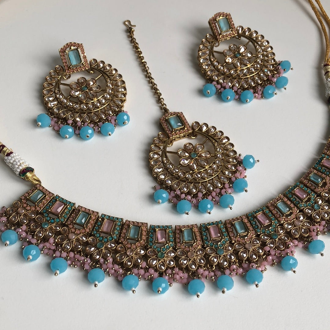 Aqua Blue & Baby Pink Crystal Necklace Earring Tikka Set