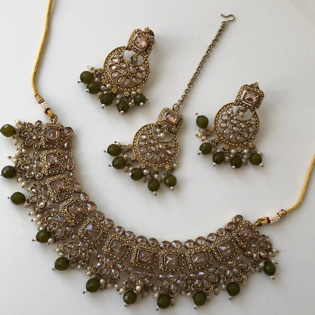 Mehndi Green Gold Necklace Earring Tikka Set