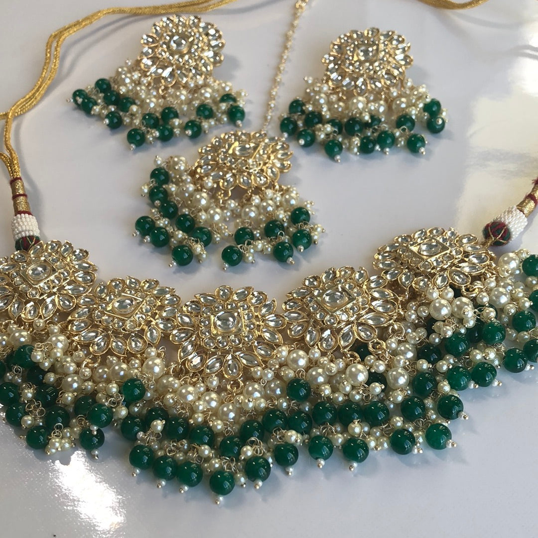 Deep green necklace earring Tikka set