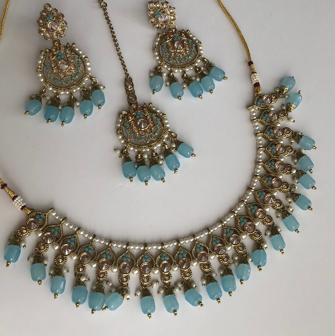 Ocean Blue Necklace Earring Tikka Set