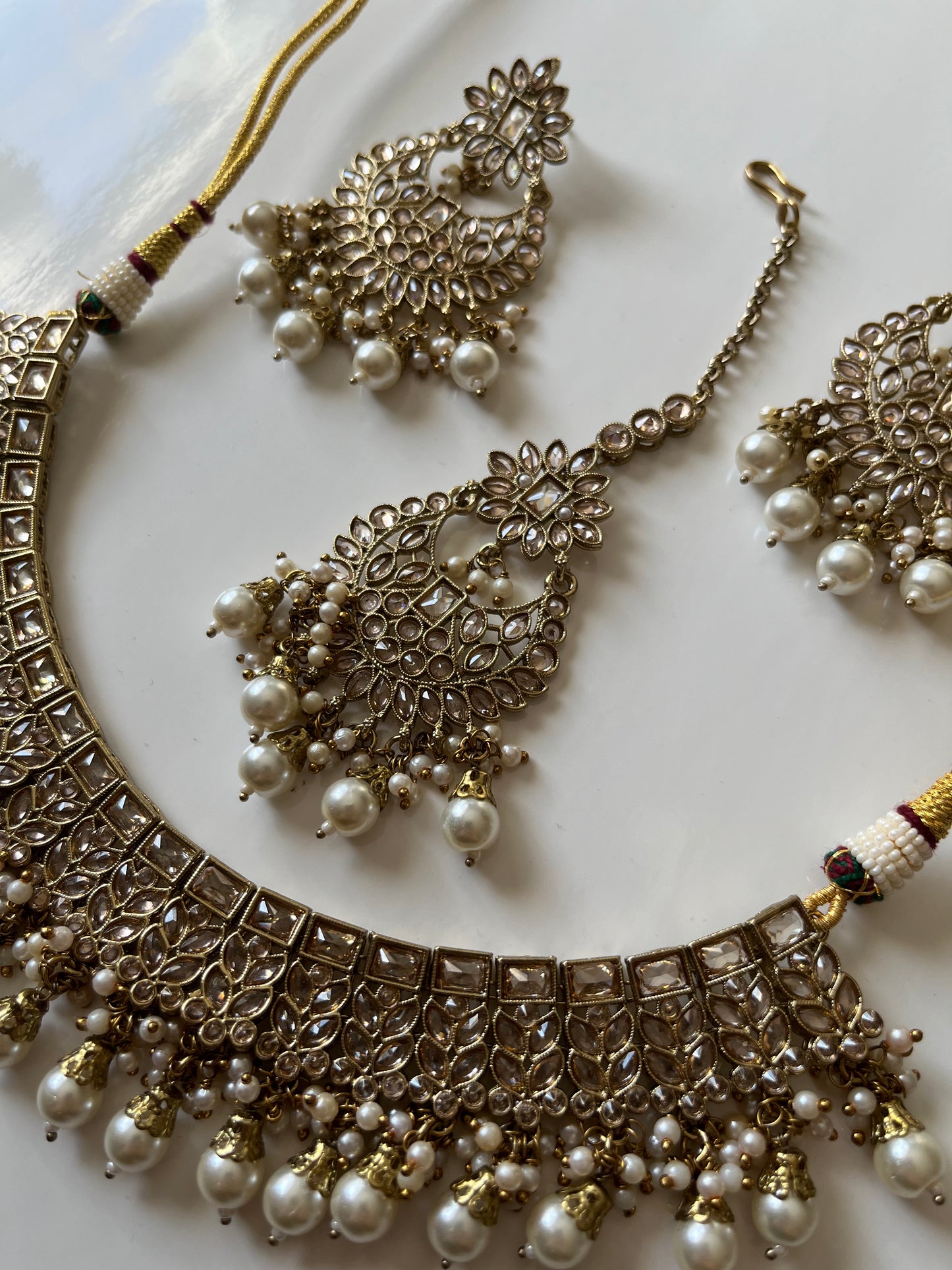 Gold Floral Drop Necklace Earring Tikka Set