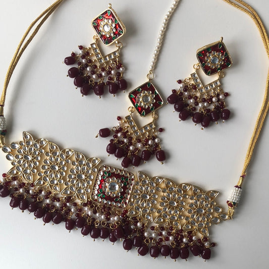 Maroon Red Necklace Earring Tikka Set