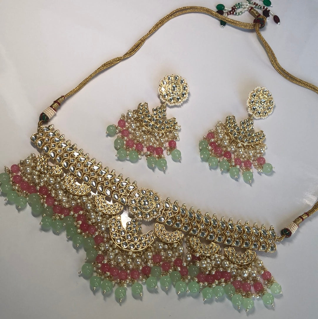 Stunning sea green baby pink necklace earring set