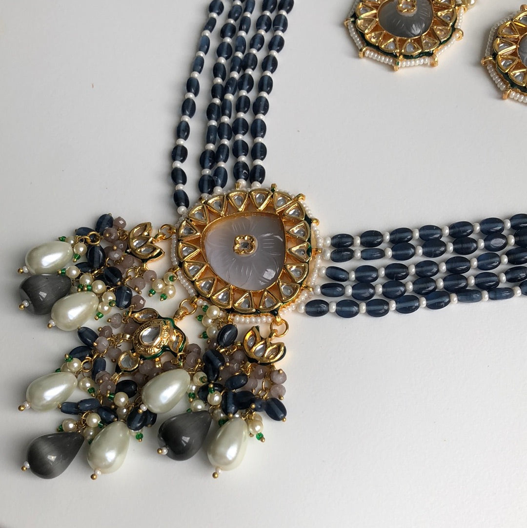 Grey Dark Navy Stone Necklace Earring Set