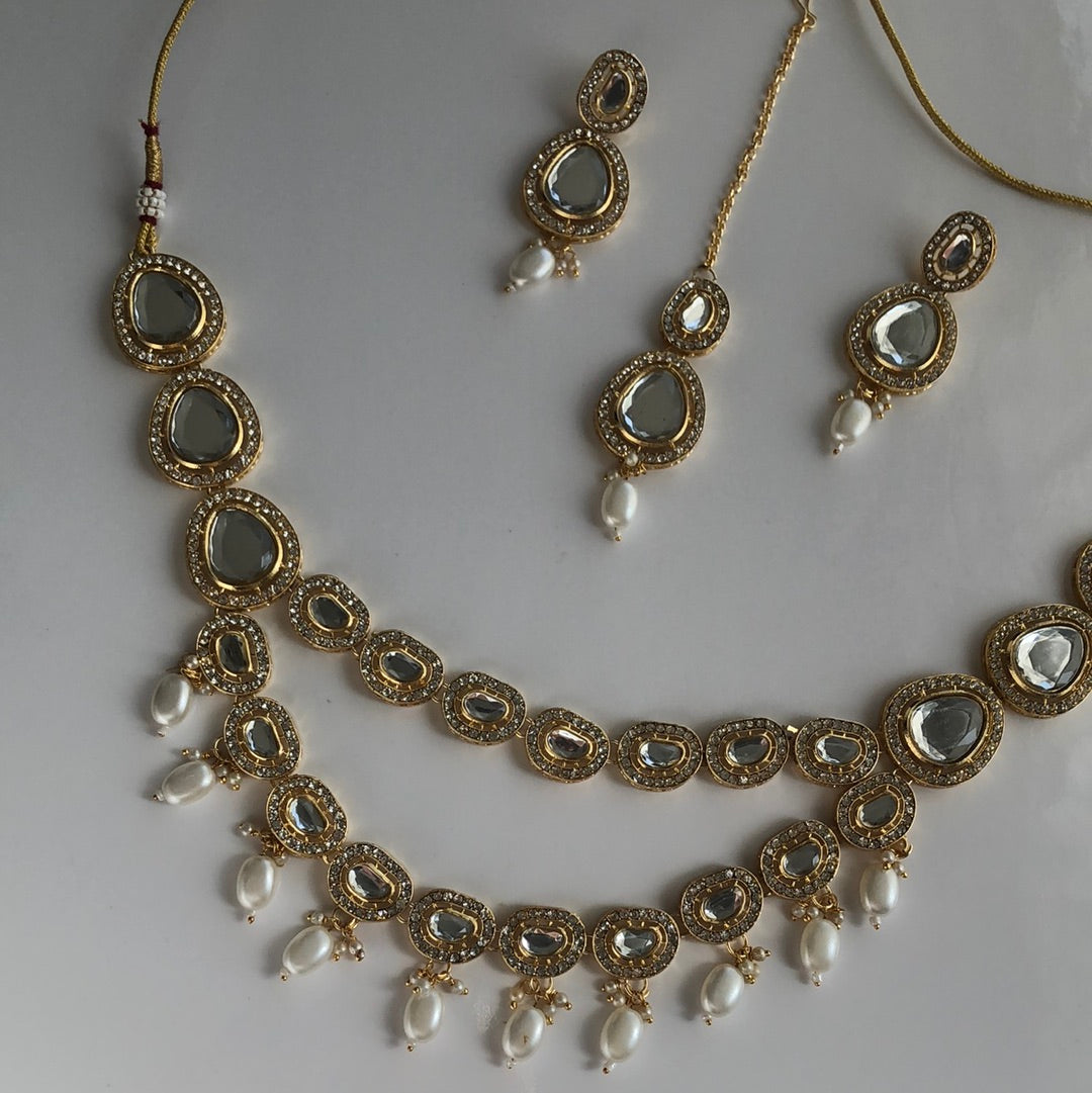 Stone Pearl Necklace Earring Tikka Set