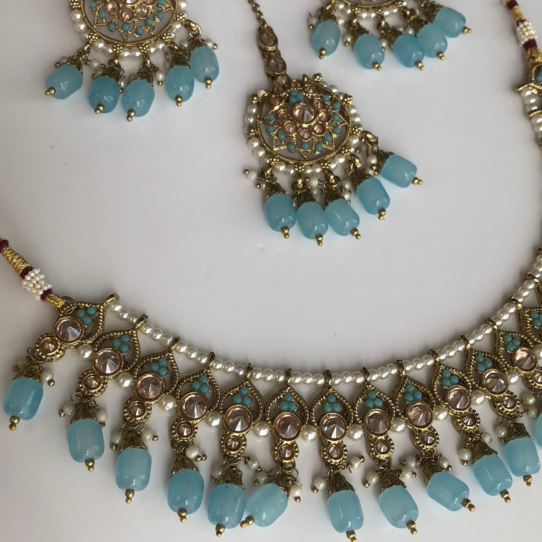 Ocean Blue Necklace Earring Tikka Set