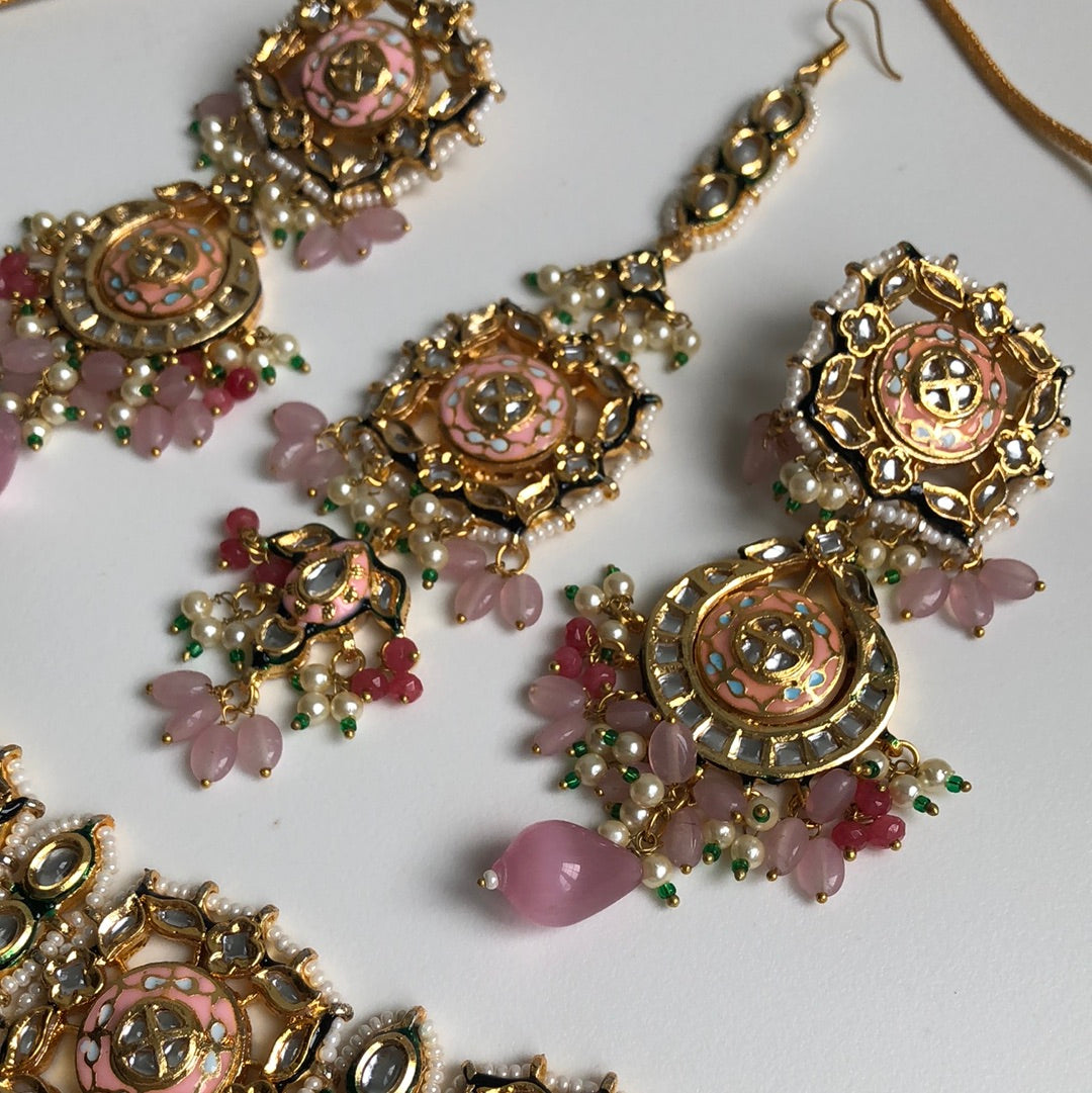 Pearly Pink & Green Necklace Earring Tikka Set