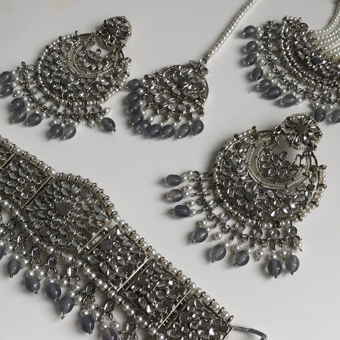 Royal Silver Gray Bridal Necklace Earring Tikka Passa Set