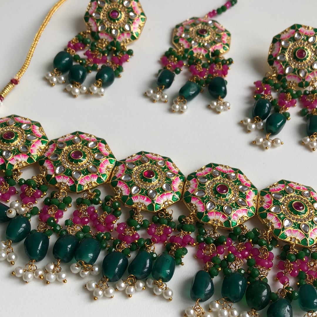 Forest Green & Pink Choker Necklace Earring Tikka Set