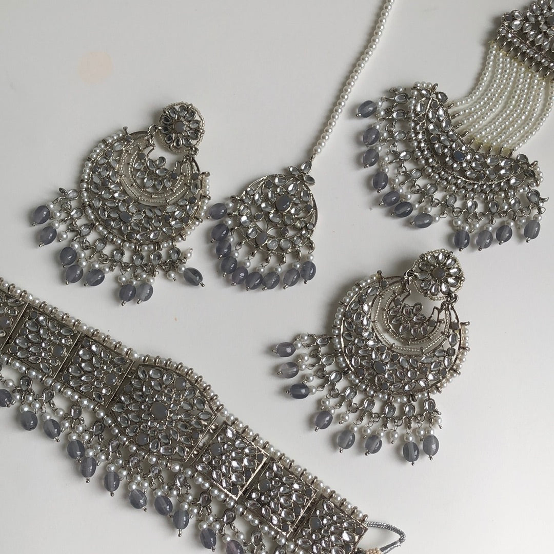 Royal Silver Gray Bridal Necklace Earring Tikka Passa Set