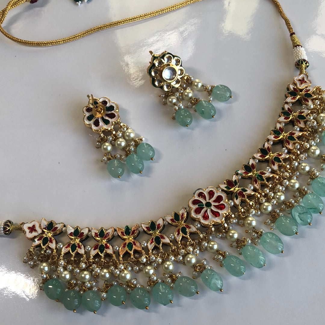 Green Blue Kundan Necklace Set