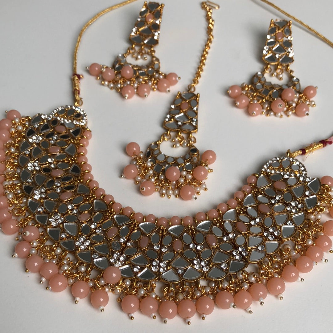 Blush Pink Mirrored Necklace Earring Tikka Set