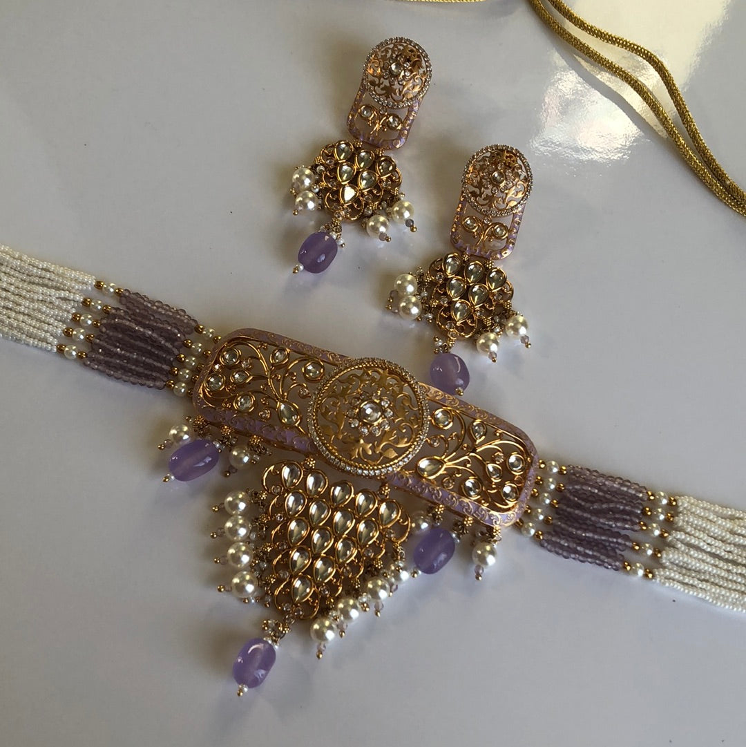 Lavender Gold Plated Choker Necklace Earrings