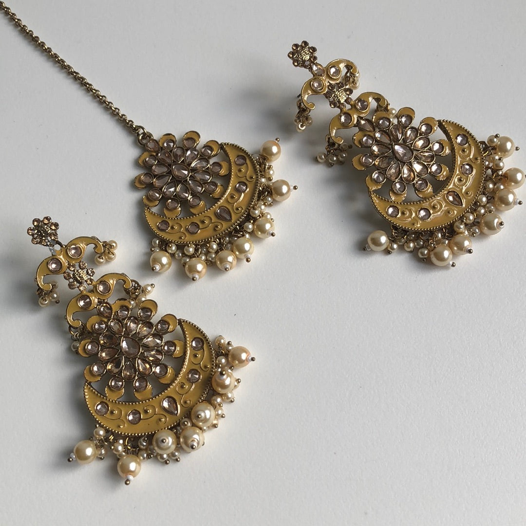 Mustard Yellow MeenaKari Chandelier Earring Tikka Set