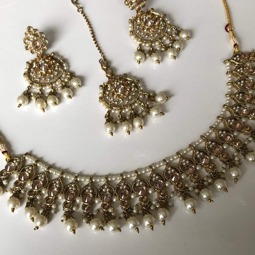 Pearl Gold Necklace Earring Tikka Set