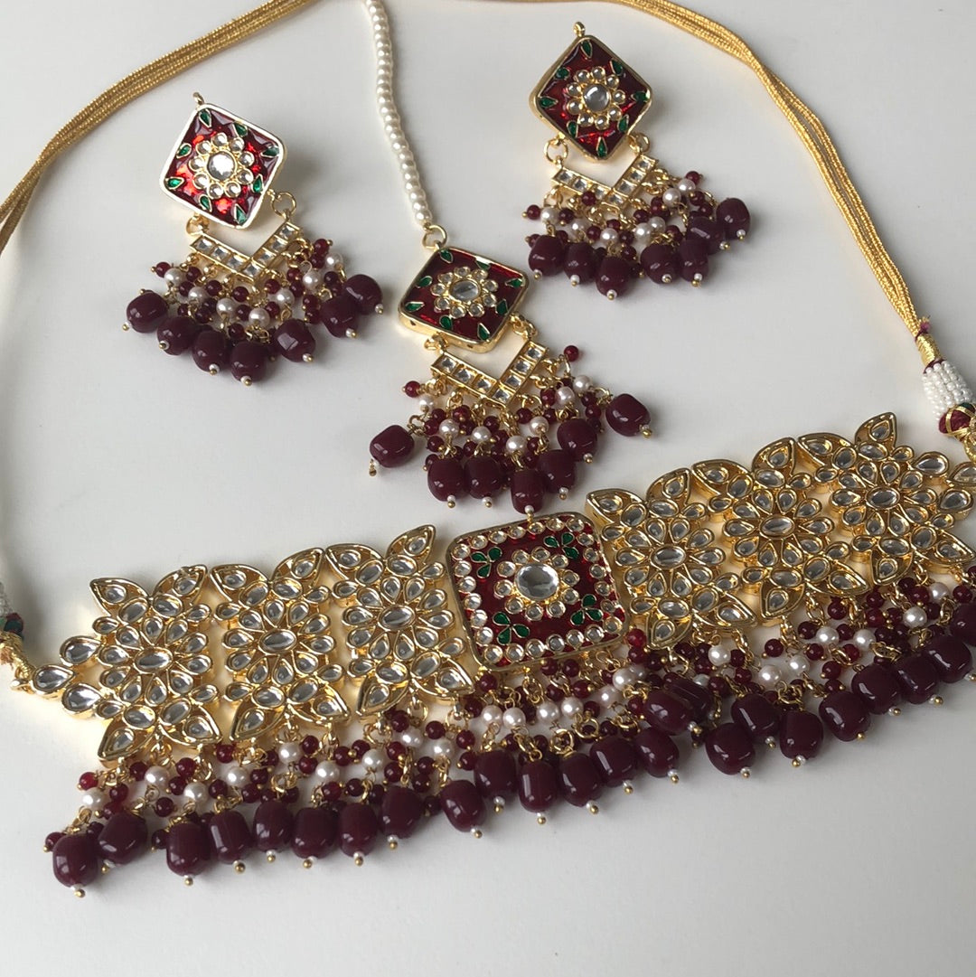 Maroon Red Necklace Earring Tikka Set