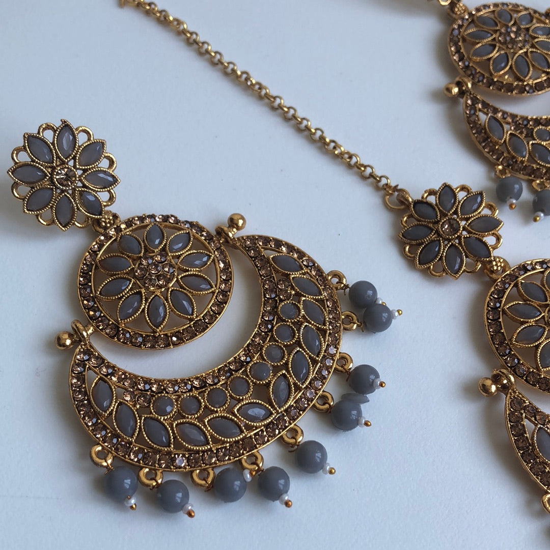 Gold Gray Chandelier Earring Tikka Set