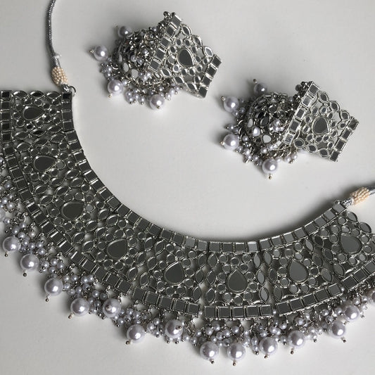 Silver Mirrored Necklace Earring Set