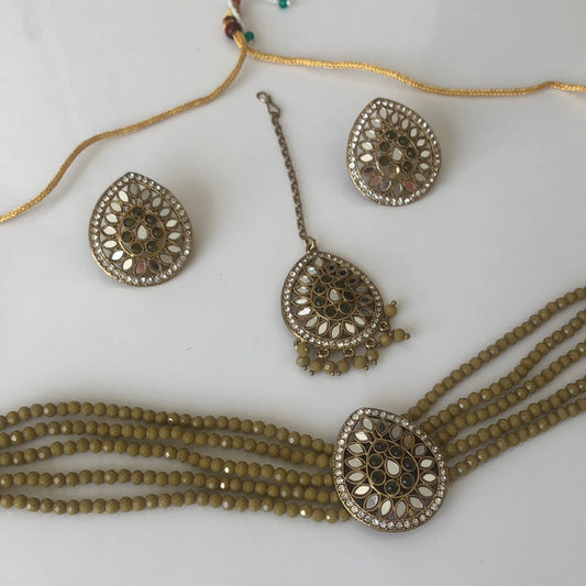 Olive Green Necklace Earring Tikka Set