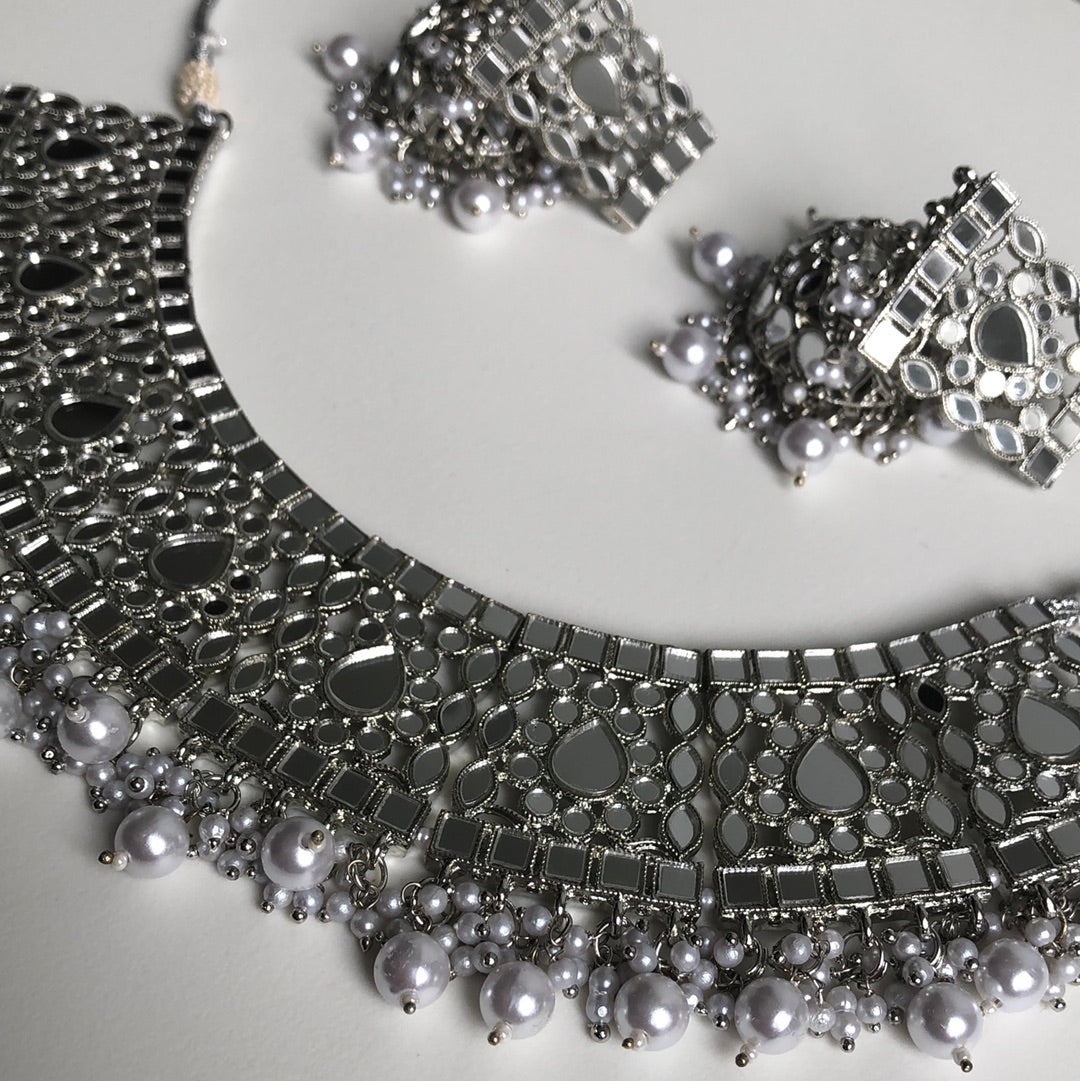 Silver Mirrored Necklace Earring Set