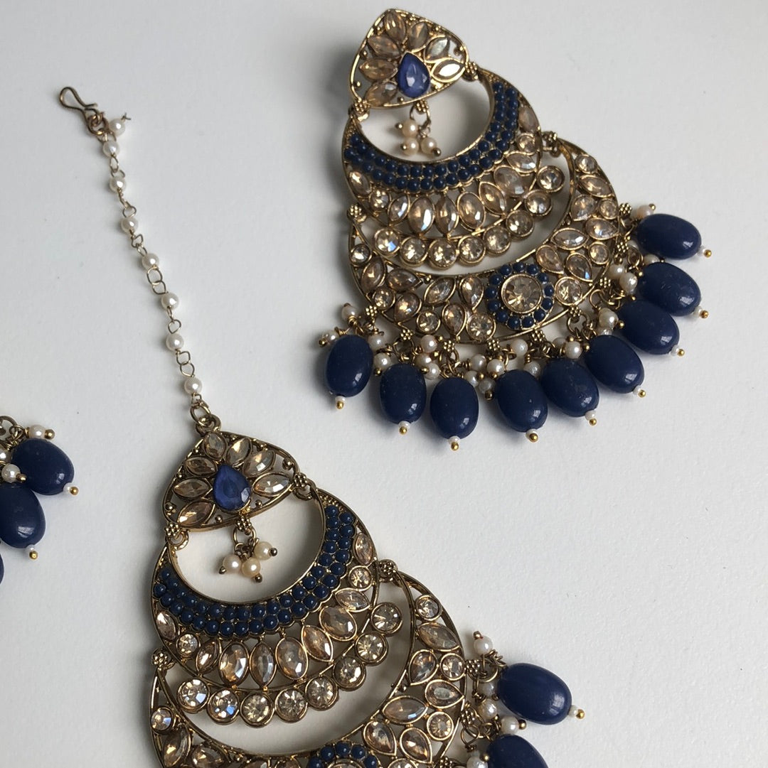 Navy Blue Gold Crystal Chandelier Earrings