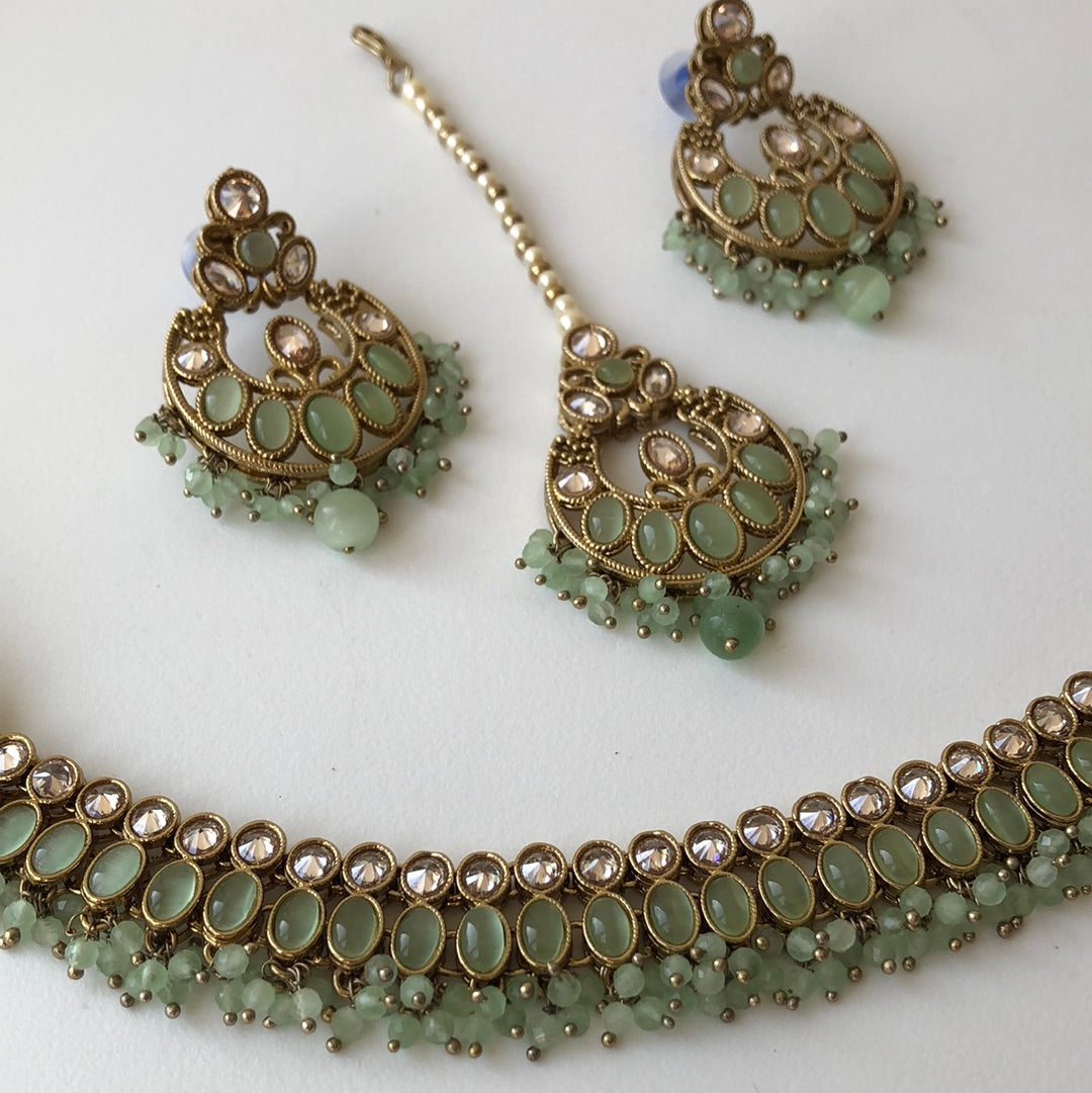 Sea Green Necklace Earring Tikka Set