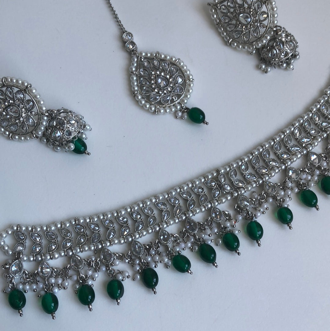 Silver Emerald Necklace Earring Tikka Set