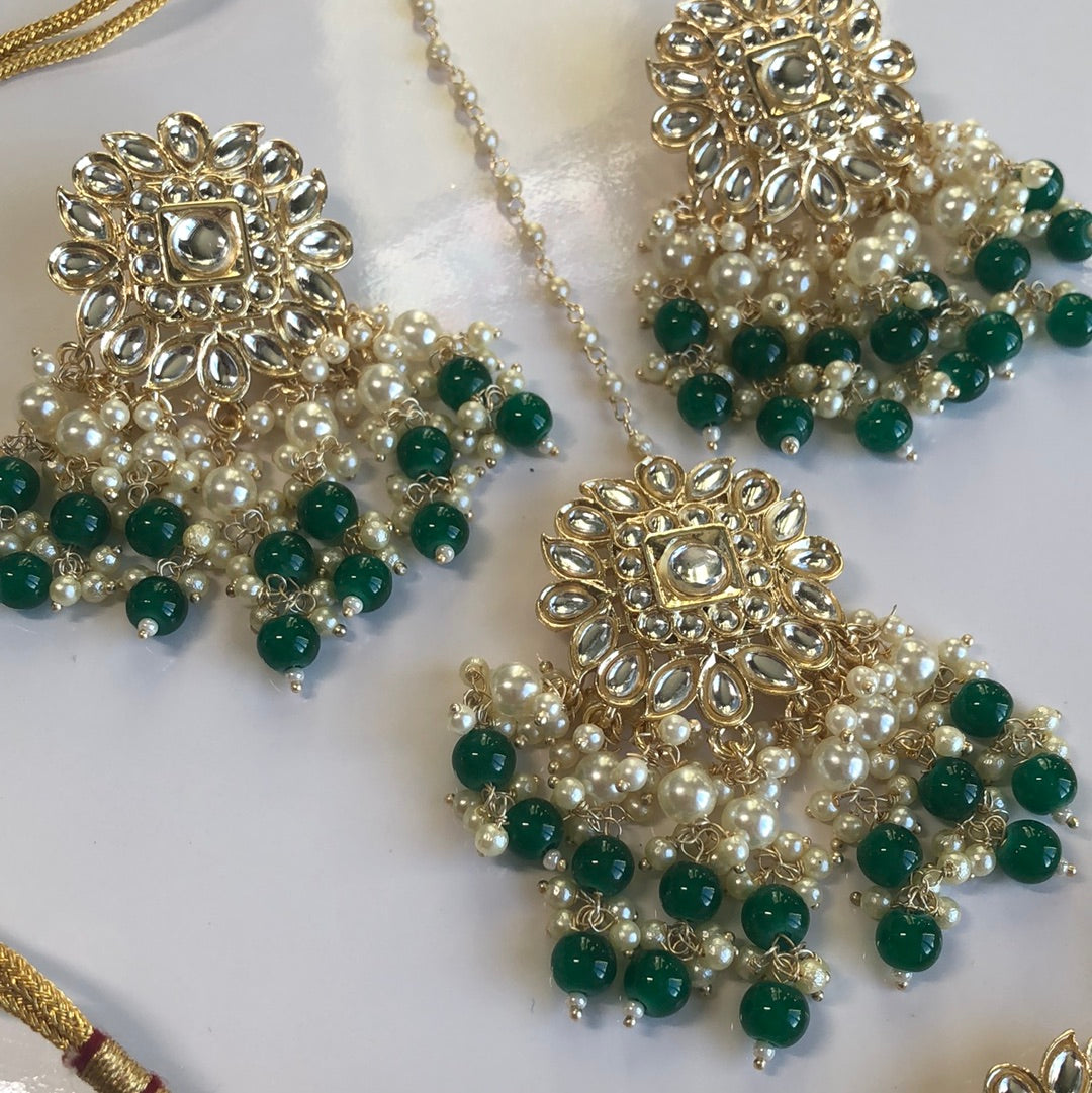 Deep green necklace earring Tikka set