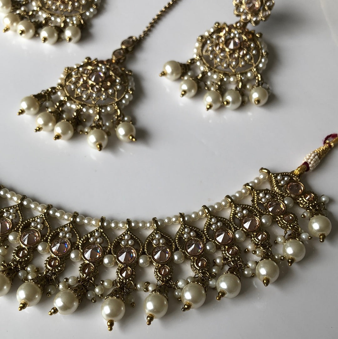 Pearl Gold Necklace Earring Tikka Set