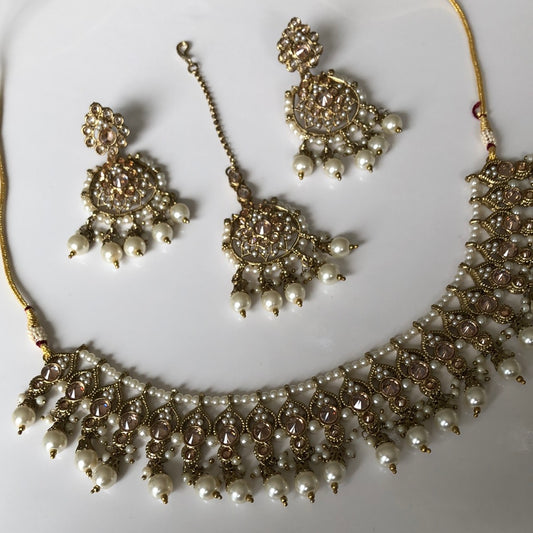 Pearl Gold Necklace Earring Tikka Set