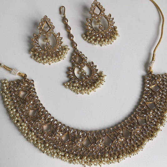 Polki Crystal Necklace Earring Tikka Set