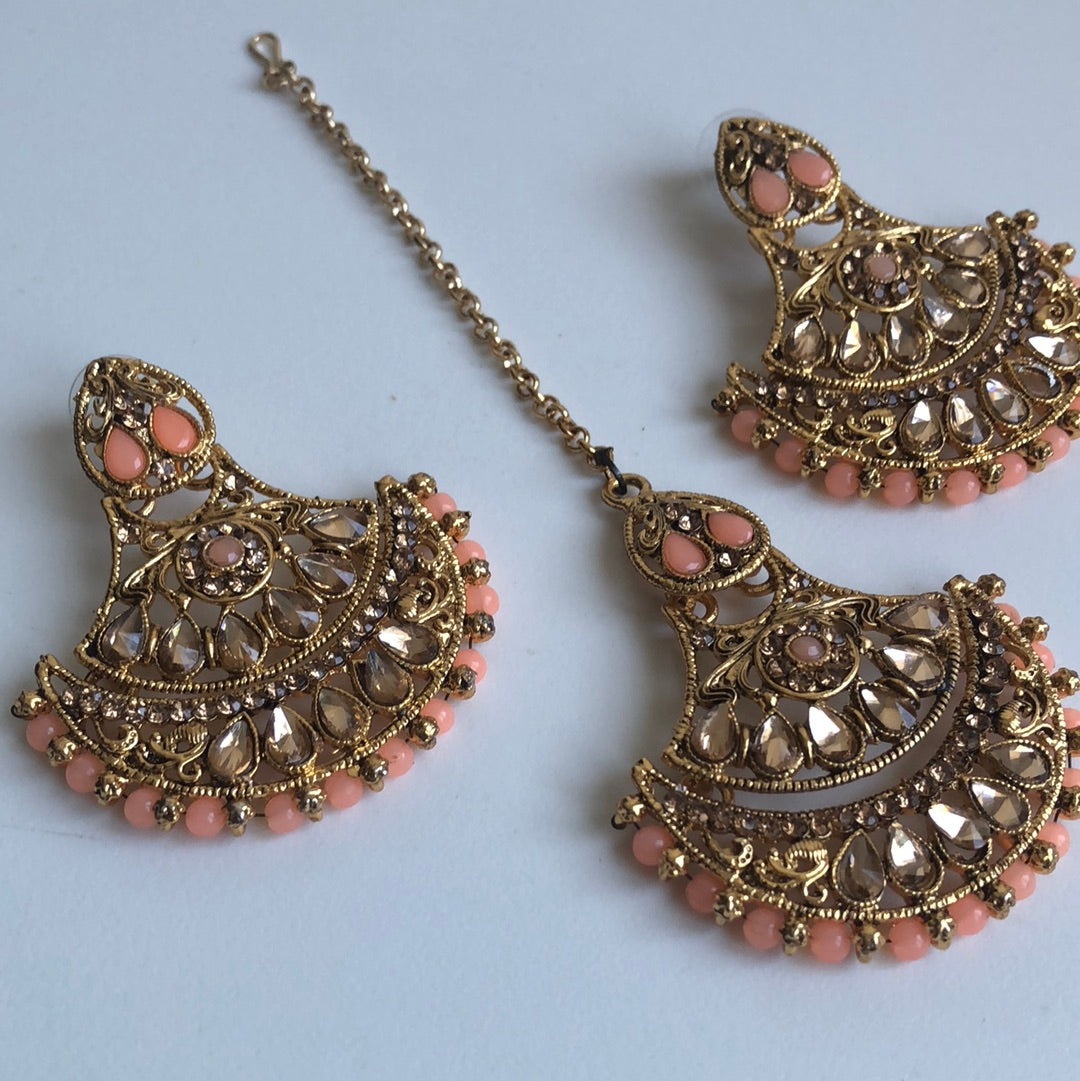 Peach Gold Crystal Earring Tikka Set