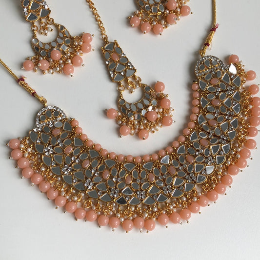 Blush Pink Mirrored Necklace Earring Tikka Set