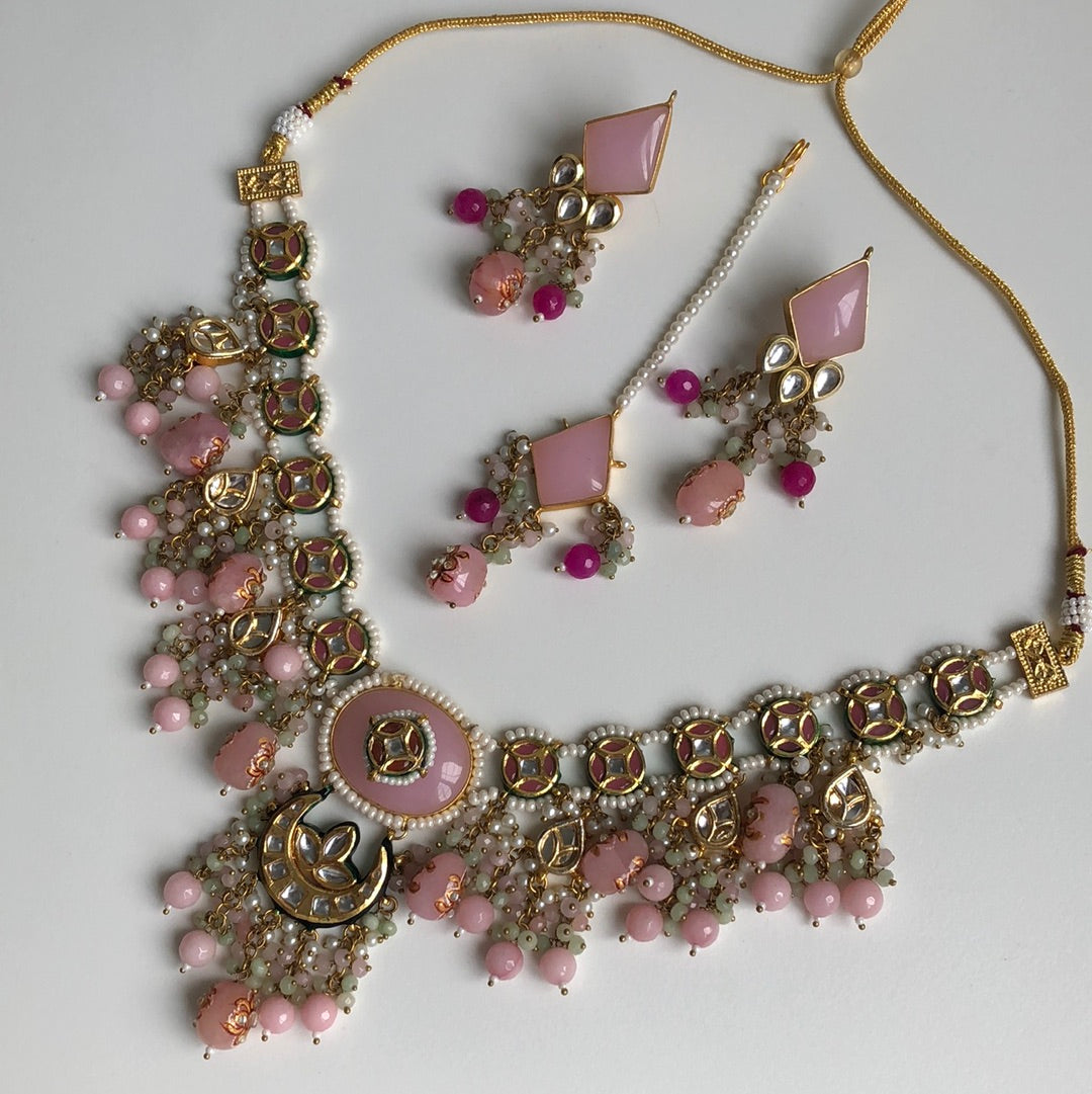 Baby Pink Elegant Kundan Necklace Earring Tikka Set