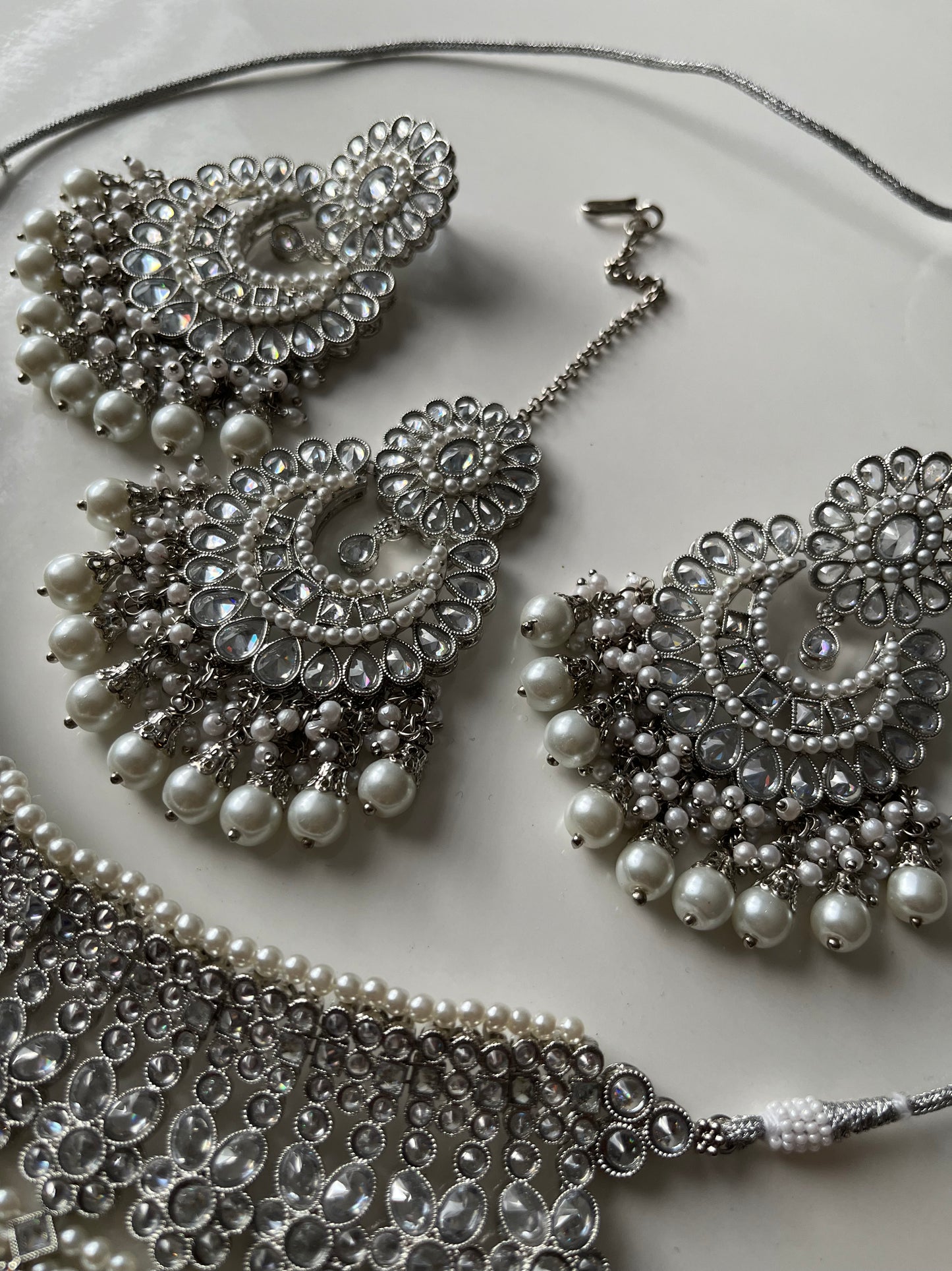 Silver Bridal Necklace Earring Tikka Set