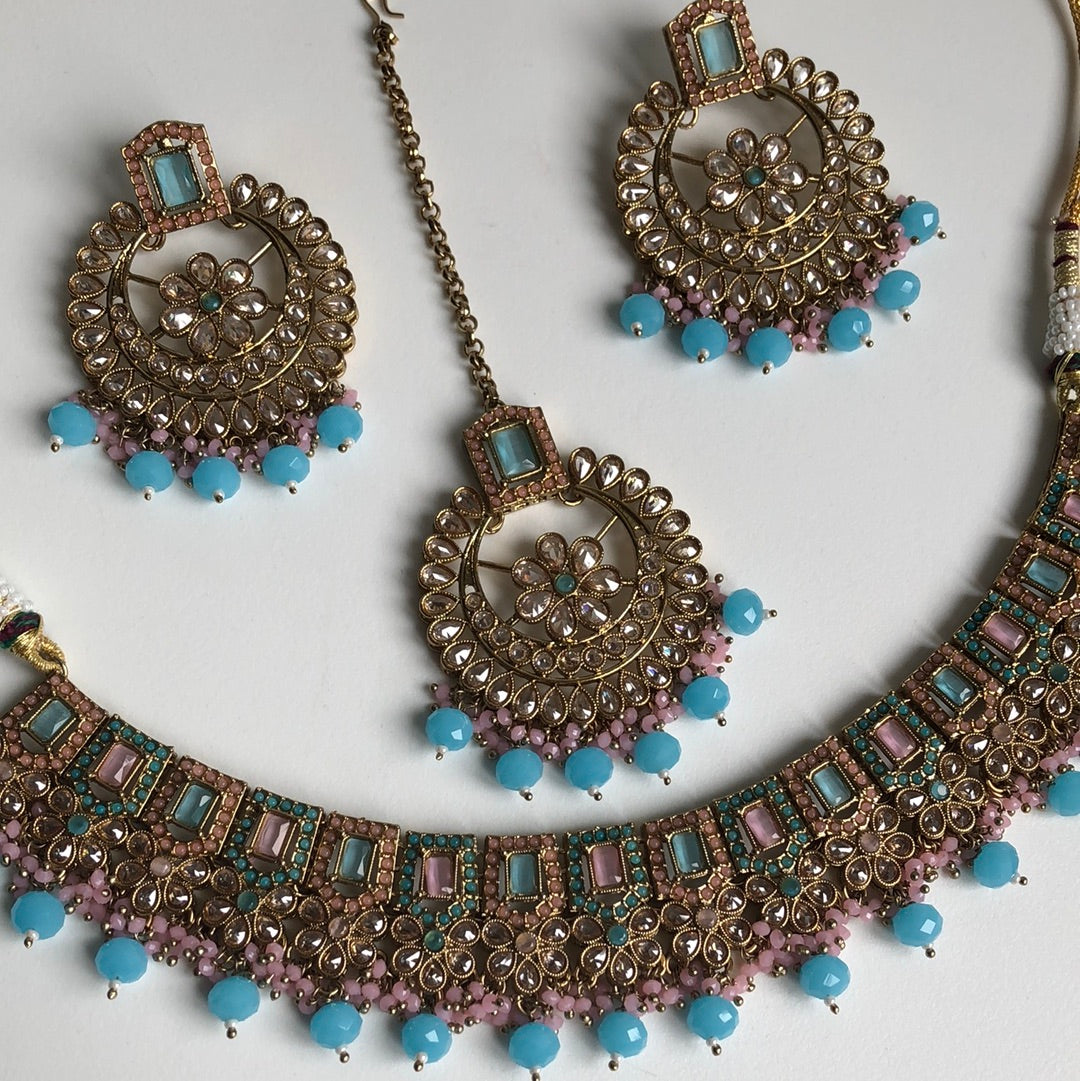 Aqua Blue & Baby Pink Crystal Necklace Earring Tikka Set