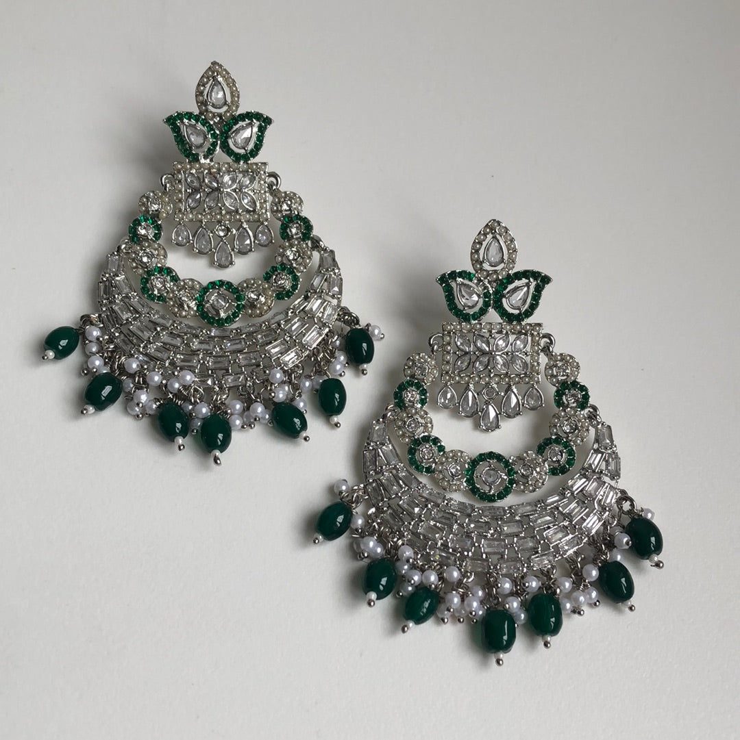 Silver Crystal Emerald Green Bridal Necklace Tikka Earring Set