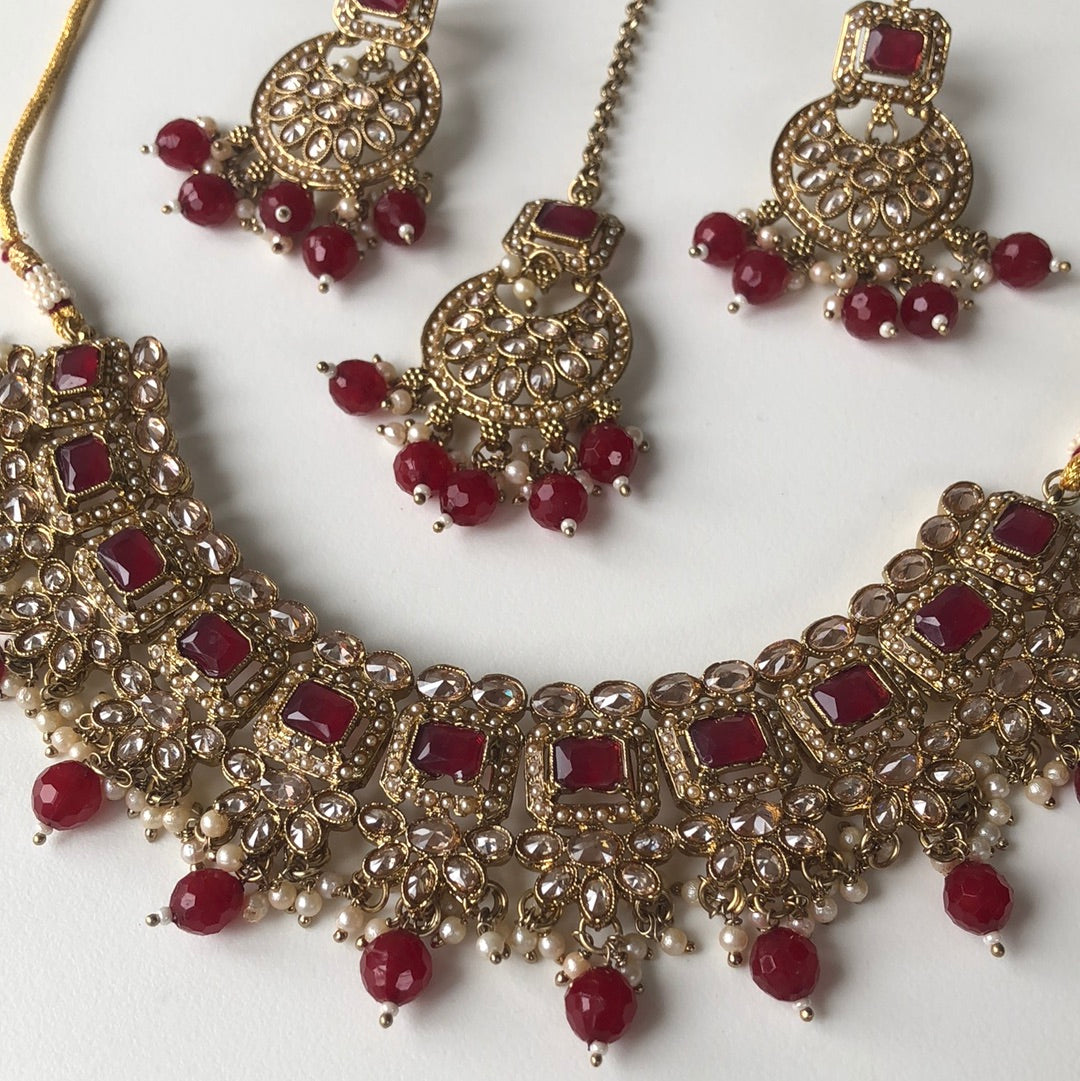 Red Necklace Earring Tikka Set