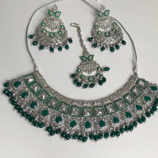 Silver Crystal Emerald Green Bridal Necklace Tikka Earring Set