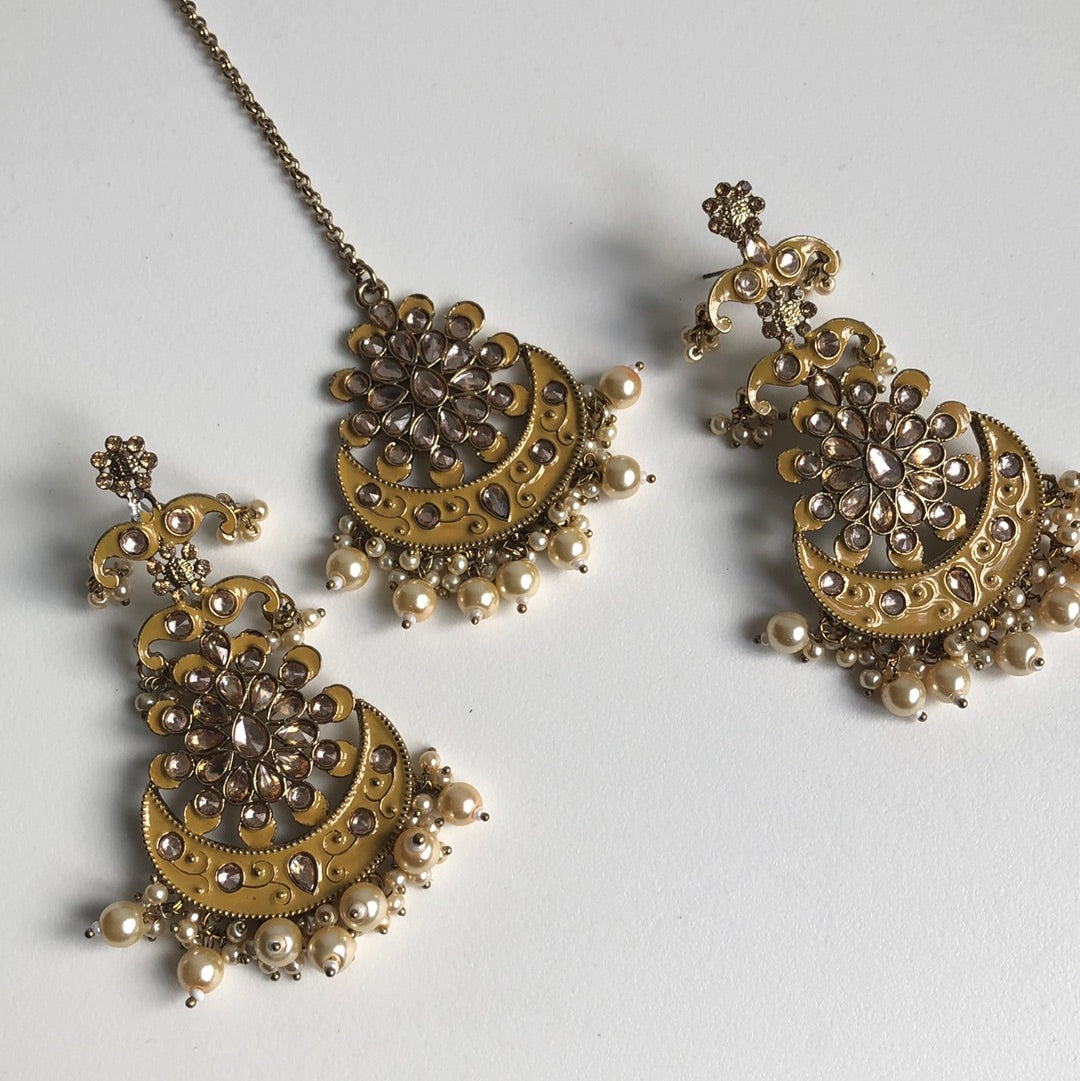 Mustard Yellow MeenaKari Chandelier Earring Tikka Set