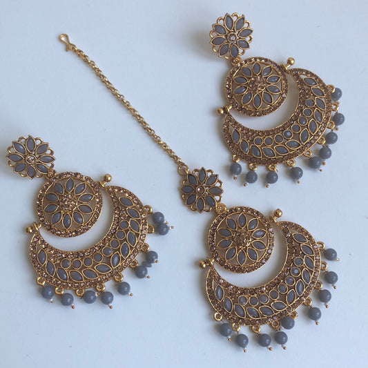 Gold Gray Chandelier Earring Tikka Set