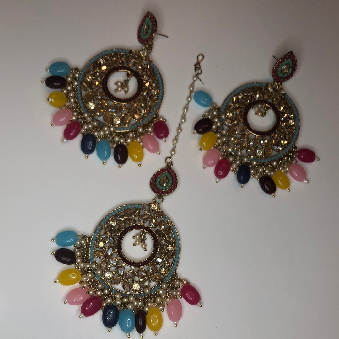 Multicolour Earrings Tikka Set