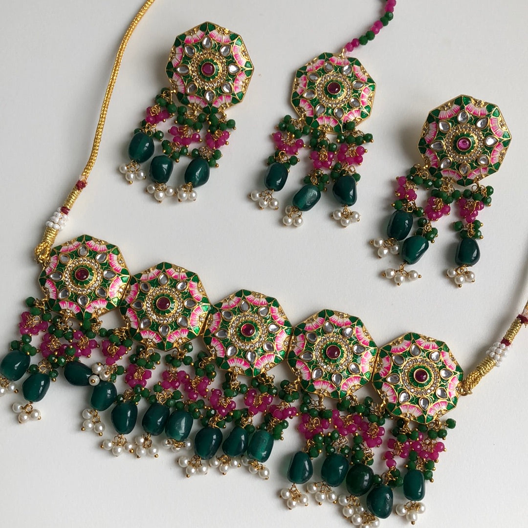 Forest Green & Pink Choker Necklace Earring Tikka Set