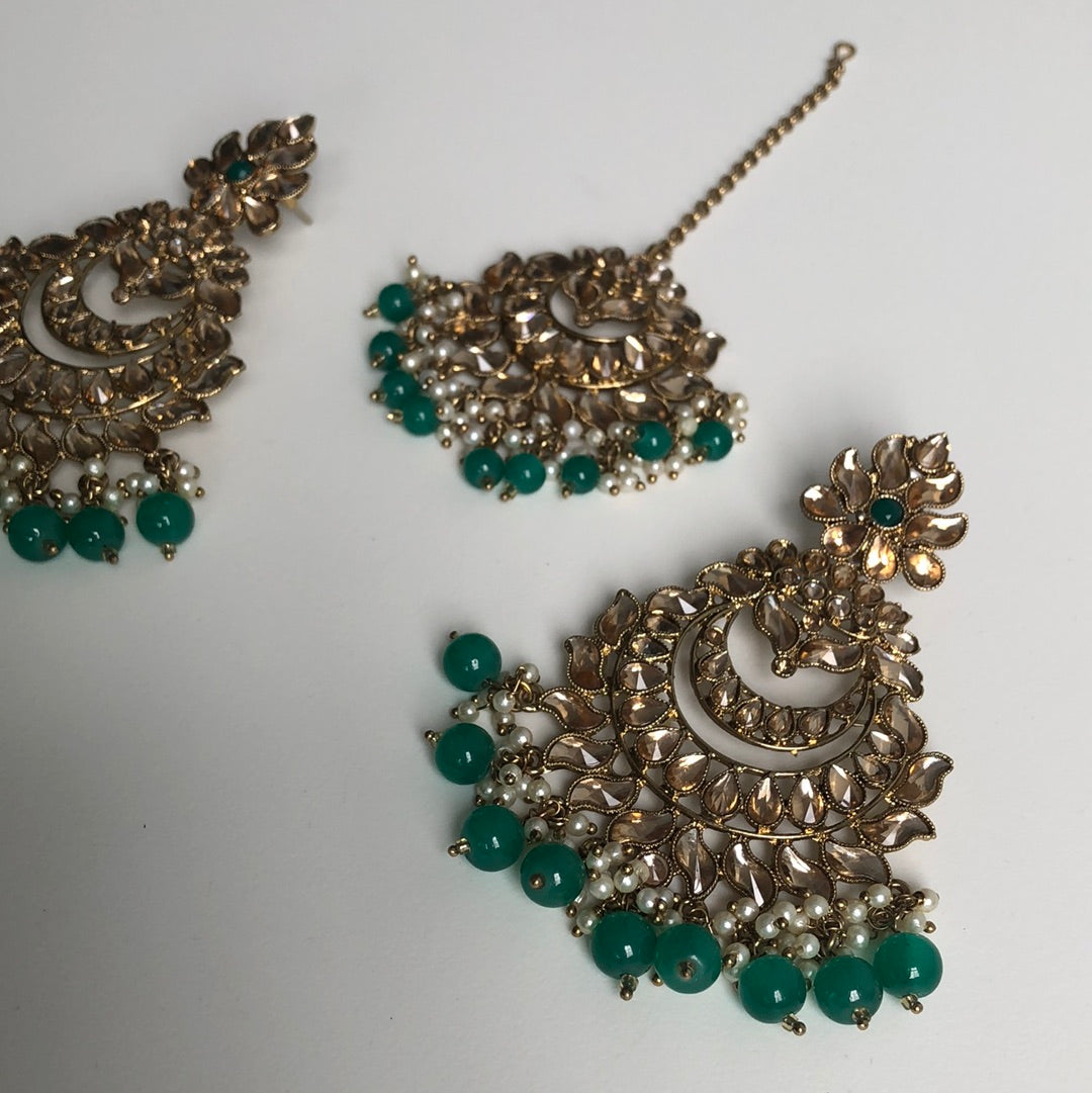 Light Green Stone Gold Earring Tikka Set